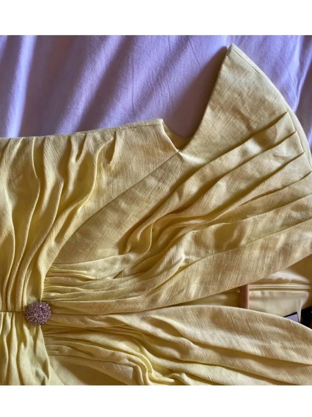 Rasario Yellow Ruched linen Midi Dress with Front Slit and crystal buttons - Picture 8 of 8
